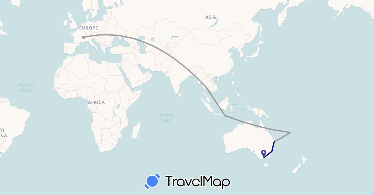 TravelMap itinerary: driving, plane in Australia, Switzerland, Indonesia, New Caledonia, Thailand (Asia, Europe, Oceania)